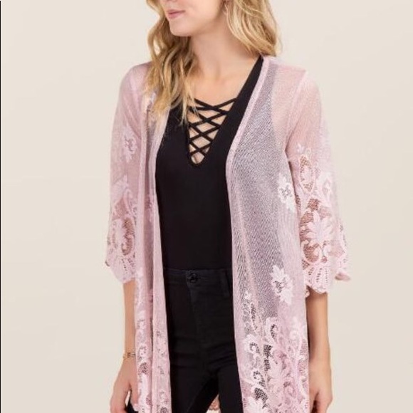 Francesca’s Pink Lace Kimono - Picture 1 of 6